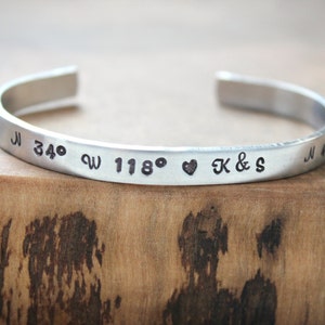 Personalized Skinny Cuff Hand Stamped, Personalized Message Cuff, Custom Message Bracelet, Quote Cuff, Names, Coordinates Bracelet image 2