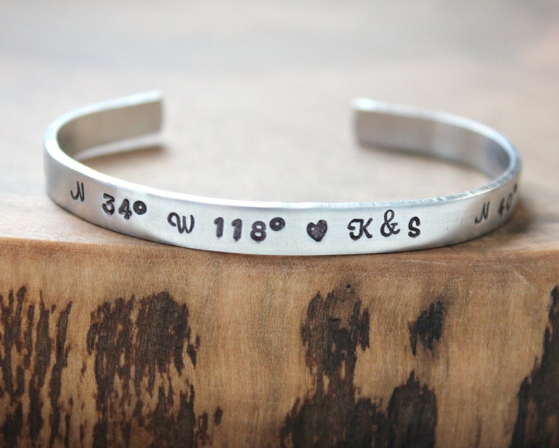 Personalized Skinny Cuff Hand Stamped, Personalized Message Cuff, Custom Message Bracelet, Quote Cuff, Names, Coordinates Bracelet image 2