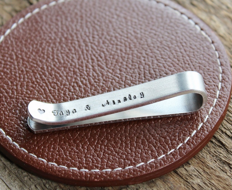 Personalized Tie Bar or Skinny Tie Bar Hand Stamped Men's Tie Clip Gift Secret Message, Double Sided image 3