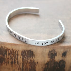 Personalized Skinny Cuff Hand Stamped, Personalized Message Cuff, Custom Message Bracelet, Quote Cuff, Names, Coordinates Bracelet image 1