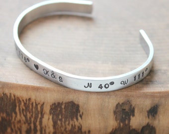 Personalized Skinny Cuff Hand Stamped, Personalized Message Cuff, Custom Message Bracelet, Quote Cuff, Names, Coordinates Bracelet