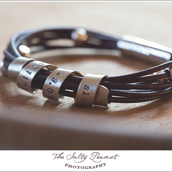 Personalized Leather Bracelet, Silver and Leather Bracelet, Hand Stamped With Custom Spinning Message, Unisex Design - The Lee Bracelet