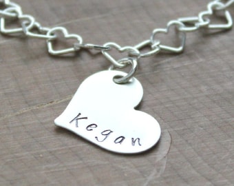 Girls Personalized Silver Heart Bracelet, Kegan Custom Name Bracelet