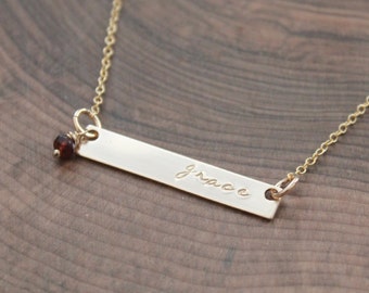 Gold Bar Necklace Personalized, GoldName Necklace With Natural Birthstone, Gold ID Necklace, Custom Gold Skinny Bar Necklace - Dee Necklace