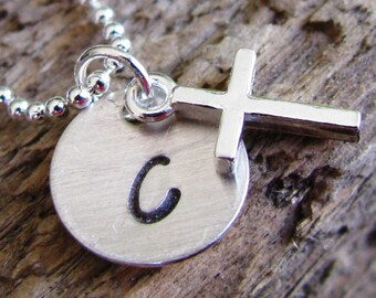 Personalized Initial Necklace- Hand Stamped Silver Cross Necklace- Love and Faith