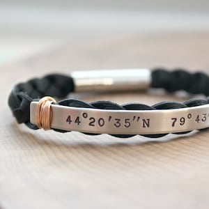 Men's Coordinates Bracelet, Custom Coordinates, Personalized Location, Silver Leather, Longitude Latitude, Bronze Accent, Boyfriend Gift