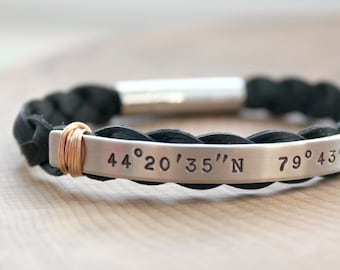 Men's Coordinates Bracelet, Custom Coordinates, Personalized Location, Silver Leather, Longitude Latitude, Bronze Accent, Boyfriend Gift