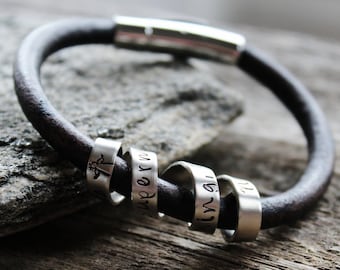 Men's Personalized Secret Spinning Message Bracelet - The Oscar Bracelet, Leather and Silver Custom Message Bracelet