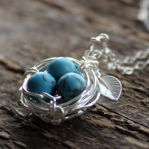 Personalized Silver Bird&#39;s Nest Necklace - Turquoise Or Pearl