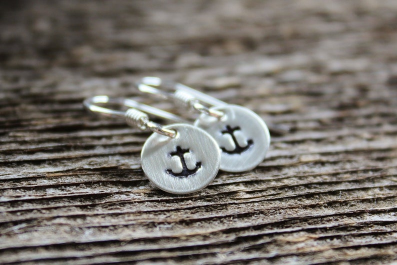 Tiny Nautical Anchor Earrings, Sterling Silver Hand Stamped Dangles Anchor Or Design Of Choice Design Your Own Dangles image 2