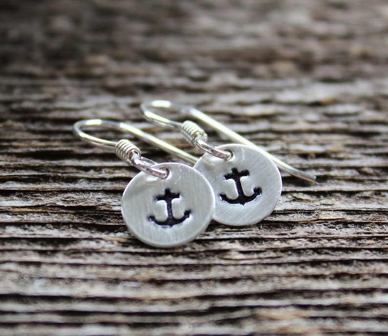 Tiny Nautical Anchor Earrings, Sterling Silver Hand Stamped Dangles Anchor Or Design Of Choice Design Your Own Dangles image 1