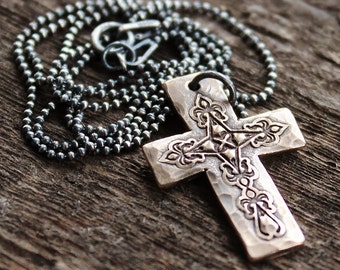 Personalized Solid Bronze Rustic Cross Necklace - On Dark Sterling Silver Chain