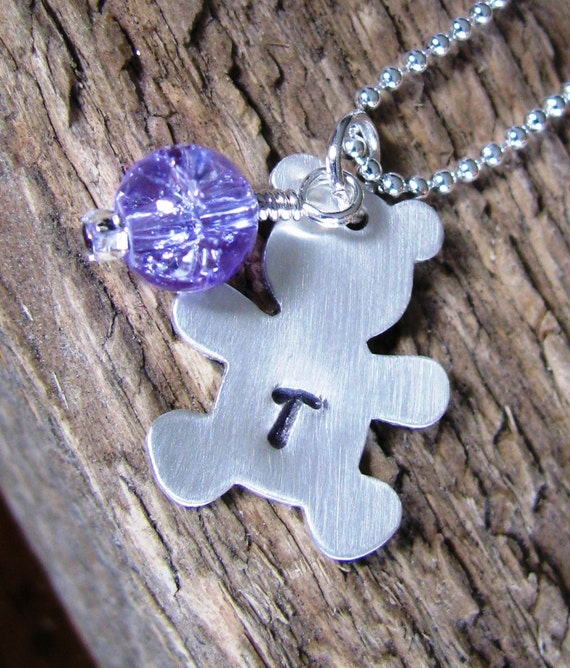 Items similar to Childrens Initial Necklace Hand Stamped Silver Teddy