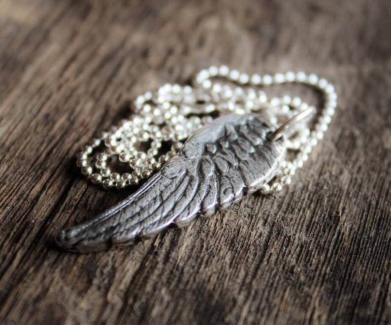 Angel Wing Unisex Necklace In Fine Silver, Statement Necklace, Long Chain, Memorial Necklace Angel Necklace image 3