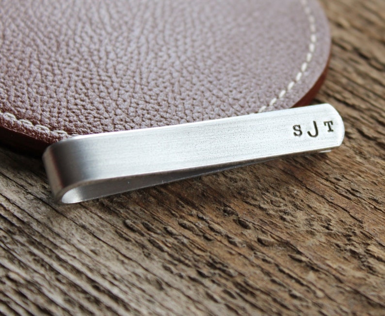 Personalized Tie Bar or Skinny Tie Bar Hand Stamped Men's Tie Clip Gift Secret Message, Double Sided image 2