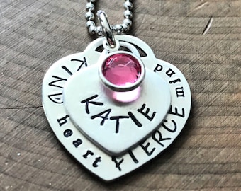 Personalized Sterling Silver Heart Necklace, Name Birthstone and Inspirational Message - Katie Necklace