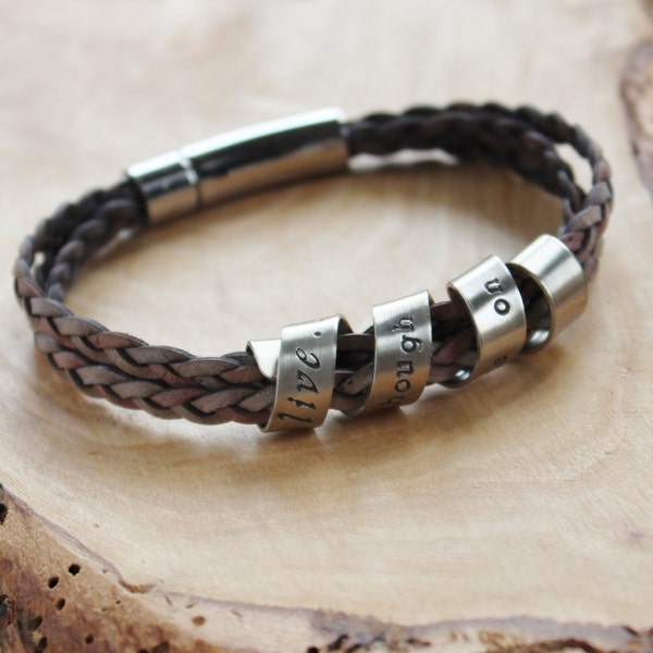 Men's Personalized Secret Message Bracelet, Leather And Silver Spinning Message Bar, Unisex - Brent Bracelet