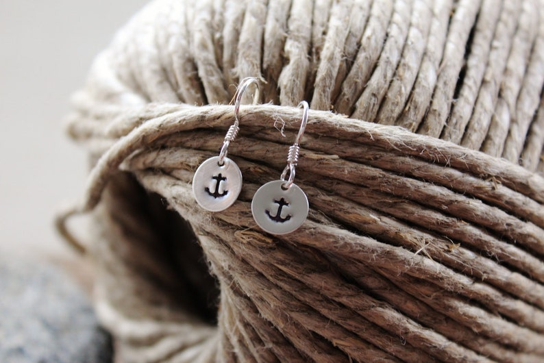 Tiny Nautical Anchor Earrings, Sterling Silver Hand Stamped Dangles Anchor Or Design Of Choice Design Your Own Dangles image 4