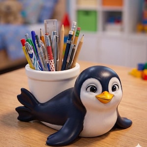 Puede incluir: Un organizador de escritorio caprichoso con una figura de pingüino de cerámica en azul marino y blanco, con un pico amarillo. Un bote de cerámica blanco contiene varios bolígrafos, lápices y una regla. El organizador está sobre una superficie de madera.