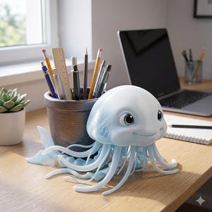 May include: A light blue jellyfish-shaped desk organizer with a smiling face and tentacles. A brown pot filled with pencils, pens, and a ruler sits behind the jellyfish. A laptop and a small succulent plant are also visible on the wooden desk.