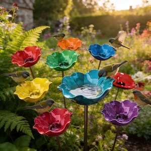 Flower-Shaped Bird Bath Garden Stake, Decorative Bird Water Feeder, Pollinator-Friendly Outdoor Garden Decor