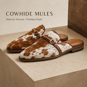 Handmade Brown White Cowhide Mules for Men | Genuine Hair On Hide Slip On Loafers | Luxury Western Mule Shoes | Handmade Leather Slippers
