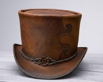 Handmade Brown Leather Top Hat | Steampunk Victorian Gothic Cosplay Hat