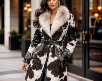 Luxury Women’s Hair-On Cowhide Leather Coat with Fur Collar – Belted Statement Winter Outerwear