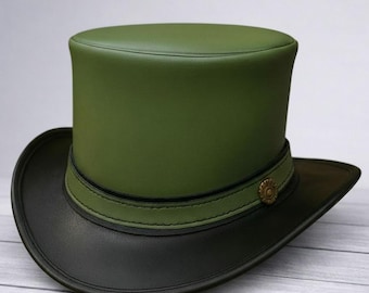 Green & Black Leather Steampunk Top Hat, Victorian Gothic Cosplay Festival Hat, Handmade Unisex Costume
