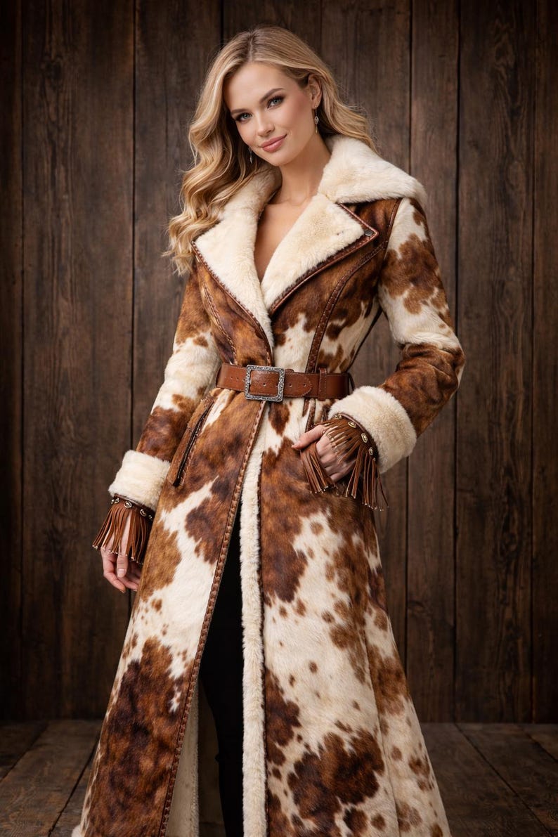 May include: A long, cowhide-patterned coat with a cream-colored shearling lining and collar. The coat features a brown leather belt with a silver buckle and fringe detailing on the cuffs. The coat is open in the front, revealing a black outfit.