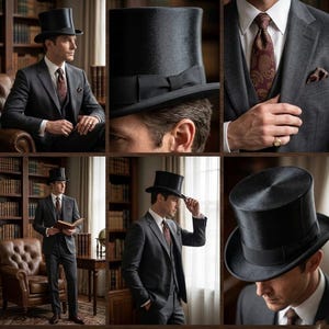 May include: A black top hat with a black band is featured in a collage. The hat is worn with a gray suit, a white dress shirt, and a patterned tie. The image has a vintage, classic aesthetic.