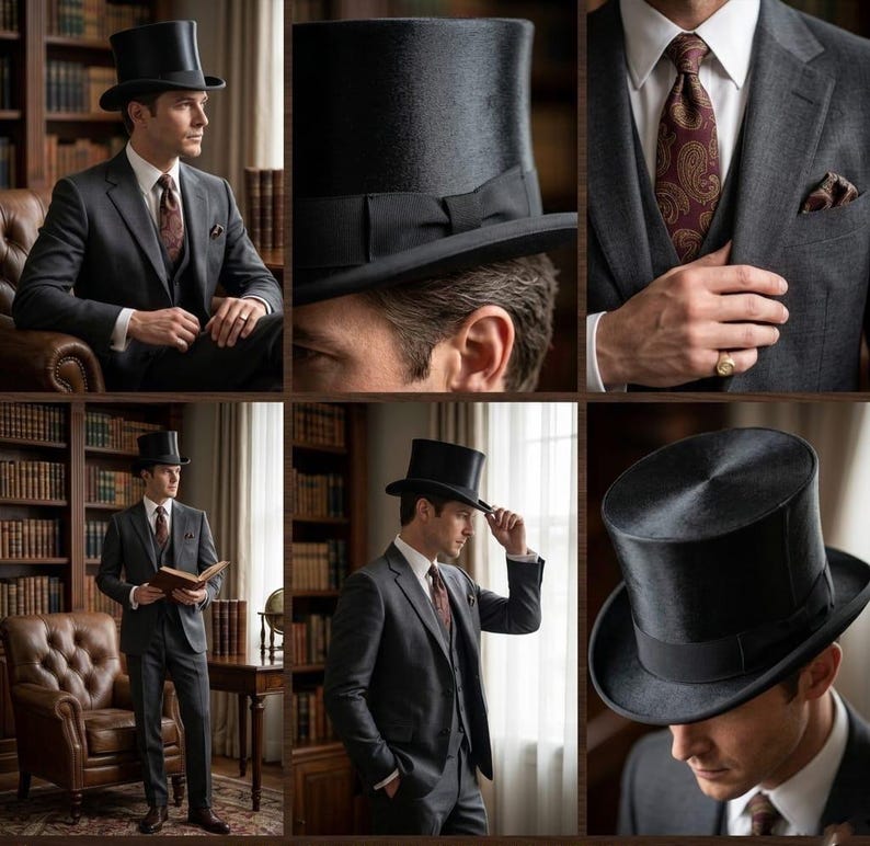 May include: A black top hat with a black band is featured in a collage. The hat is worn with a gray suit, a white dress shirt, and a patterned tie. The image has a vintage, classic aesthetic.