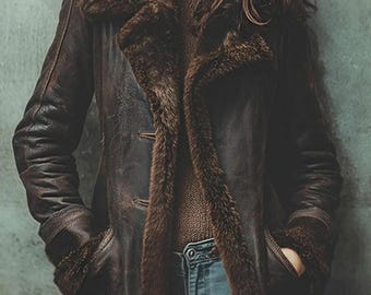 Abrigo de piel de oveja para mujer: Chaqueta vintage de piel de oveja marrón con forro de piel