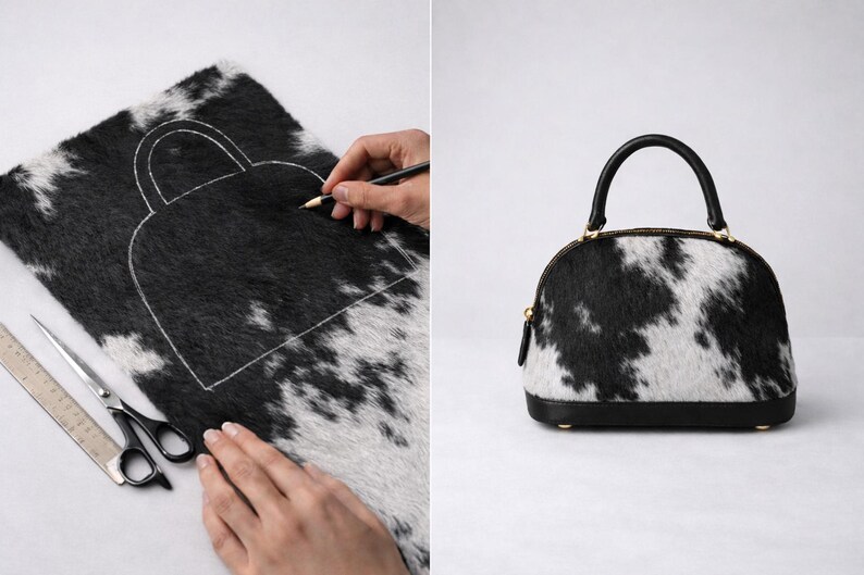 May include: A black and white cowhide handbag with a rounded shape and a black handle. The bag has a black base and gold-colored zipper. The image also shows the process of creating the bag, with a pattern drawn on the cowhide.