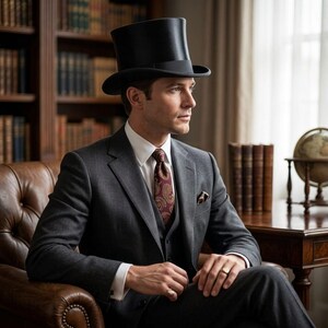 May include: A formal gray suit with a black top hat. The suit includes a vest, a white dress shirt, and a patterned tie. A pocket square is visible in the suit's breast pocket. The person is seated in a leather chair.