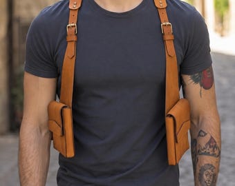 Handmade Leather Shoulder Harness with Dual Pouches, Adjustable Chest Harness, Leather EDC Utility Body Strap