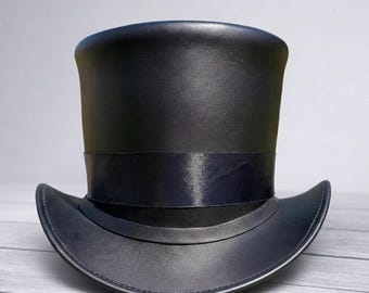 Handmade Black Leather Top Hat | Steampunk Gothic Cosplay Hat
