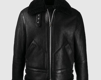 Men’s Black Shearling Leather Bomber Jacket – B3 Aviator Style, Real Sheepskin Winter Coat