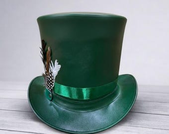 Victorian Steampunk Green Leather Top Hat with Feather, Handmade Gothic Cosplay Costume Hat, Unisex