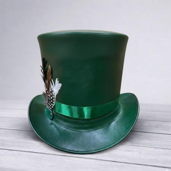 Victorian Steampunk Green Leather Top Hat with Feather, Handmade Gothic Cosplay Costume Hat, Unisex
