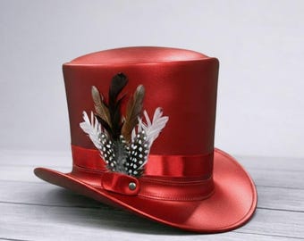 Red Leather Steampunk Top Hat with Feather, Victorian Gothic Cosplay Hat, Handmade Unisex Costume Hat