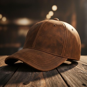 Puede incluir: Gorra de béisbol de cuero marrón con visera curva y botón en la parte superior. La gorra está hecha de cuero texturizado y descansa sobre una superficie de madera. El fondo está borroso, con iluminación suave.