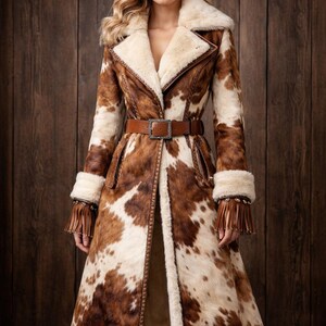 May include: A long, brown and white cowhide-patterned coat with a cream-colored shearling collar and cuffs. The coat features a brown leather belt with a silver buckle and fringe detailing on the sleeves. The coat is floor-length.