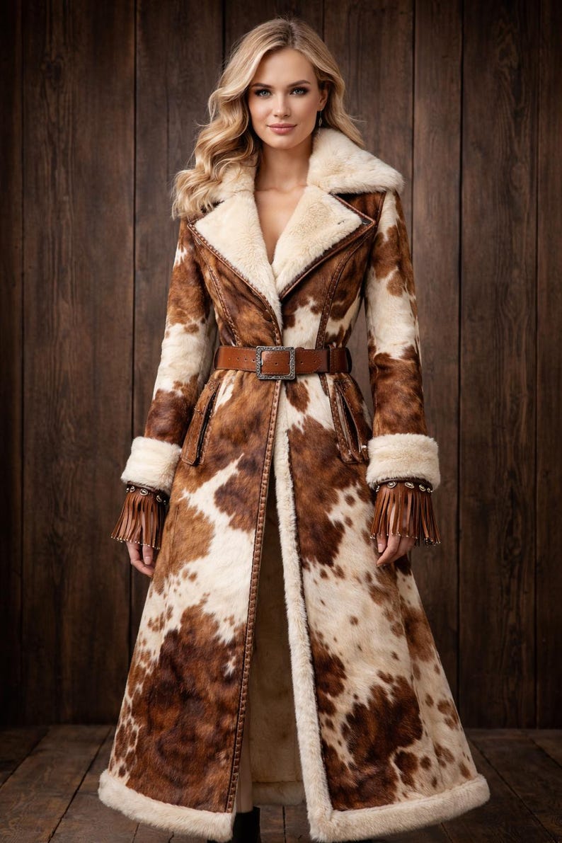 May include: A long, brown and white cowhide-patterned coat with a cream-colored shearling collar and cuffs. The coat features a brown leather belt with a silver buckle and fringe detailing on the sleeves. The coat is floor-length.