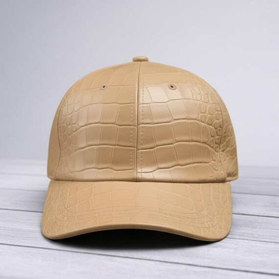 Handmade Crocodile Embossed Leather Baseball Cap Beige Tan Luxury Streetwear Hat