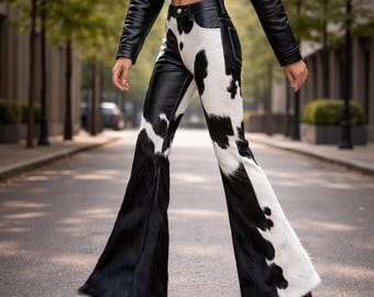 Schwarz Weiße Kuhfell Flare Hose Handgefertigte Haare Auf Verstecken Leder Schlaghose Western Boho Hose