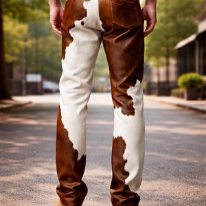K&ouml;nnte beinhalten: Hose mit braun-wei&szlig;em Kuhfellmuster. Die Hose hat einen braunen Lederteil und Ges&auml;&szlig;taschen, mit einem wei&szlig;en und braunen Muster auf den Beinen. Die Person tr&auml;gt braune Stiefel.