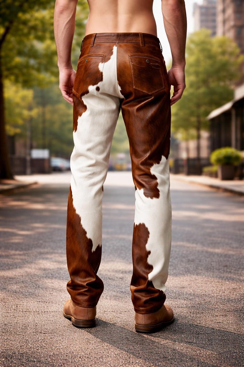 K&ouml;nnte beinhalten: Hose mit braun-wei&szlig;em Kuhfellmuster. Die Hose hat einen braunen Lederteil und Ges&auml;&szlig;taschen, mit einem wei&szlig;en und braunen Muster auf den Beinen. Die Person tr&auml;gt braune Stiefel.