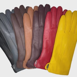 Op de afbeelding: Een waaier van leren handschoenen in diverse kleuren, waaronder zwart, grijs, bruin, beige, paars, rood en geel. De handschoenen zijn naast elkaar geplaatst, wat de verscheidenheid aan tinten benadrukt. De handschoenen zijn waarschijnlijk voor koud weer.