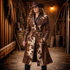 May include: A brown leather coat with a cowhide pattern, fringe, and a belt. The coat has pockets and is worn with a brown cowboy hat. The coat is a long, western-style garment.